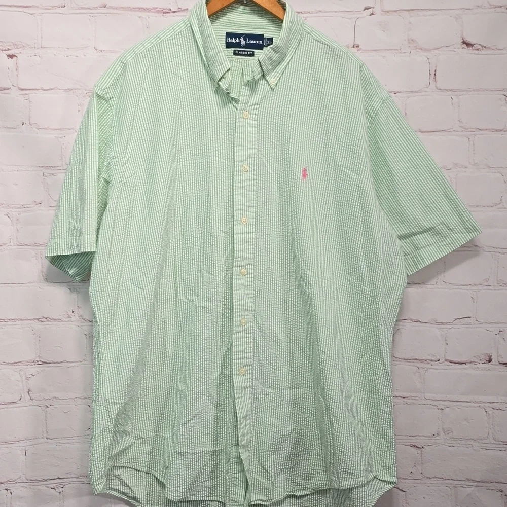 Vintage Ralph Lauren Classic Fit Seersucker Short Sleeve Shirt Mens Size XL